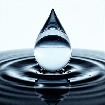 The primary subject of the image is a single drop of water, which is floating on a blue surface. The setting appears to be a black and white photo, giving it a classic and timeless feel. The visual style is that of a photo, and the colors and mood are predominantly black and white, with the blue surface adding a touch of color to the scene.